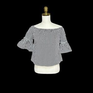 Forever 21 Womens Black White Striped Off Shoulder Bell Sleeve Blouse Small
